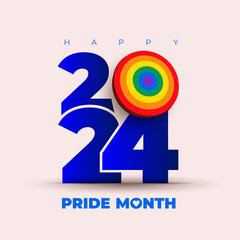 Pride month 2024 logo with rainbow flag. Pride symbol with heart, LGBT, sexual minorities, gays and lesbians. Banner Love is love. Template designer icon, sign colorful brush strockes rainbow.