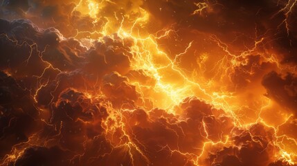 Abstraction of a fiery explosion or release of energy. Fiery shades of orange and yellow against dark, smoky clouds. Bright, jagged, lightning-like streaks of energy weave through the central