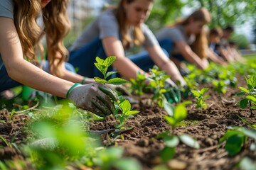 environmental youth initiative, on international youth day, college students collaborate planting trees in a park, fostering environmental sustainability with eco-friendly posters, teamwork, and