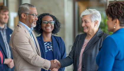 Fototapeta premium a detailed image of a senior professional shaking hands with a younger colleague, symbolizing mentorship and career achievement, Multiracial Group, multi generational, Senior peopl