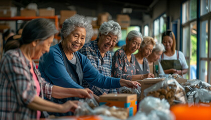 Obraz premium a of a group of senior people in their 60s volunteering at a local charity, sorting donations and working together with smiles, Multiracial Group, People, Senior peo