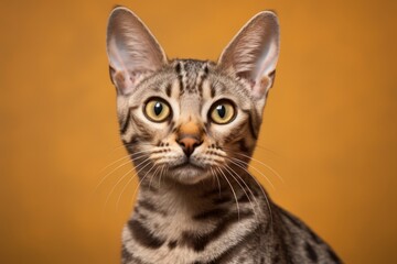 Obraz premium Portrait of a cute egyptian mau cat in front of soft brown background