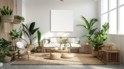 Scandinavian Style Living Room with Blank Square Canvas Mockup and Tropical Plants	