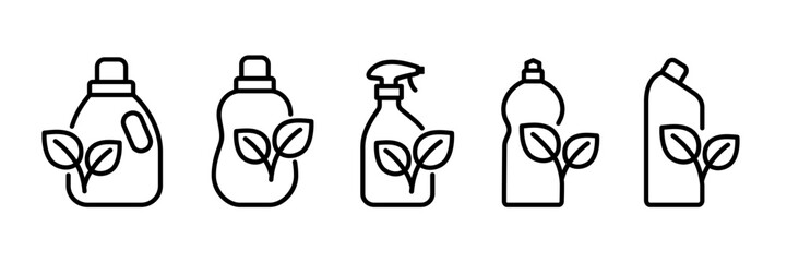 Bottle of cleaning liquid with leaves outline icon. Biodegradable package symbol. Isolated vector illustration 