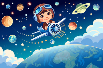Cartoon kid pilot in vintage plane flying through whimsical space scene with planets and stars