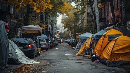 Urban street lined with makeshift shelters and homeless individuals