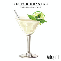 Daiquiri alcoholic cocktail vector vintage watercolor style