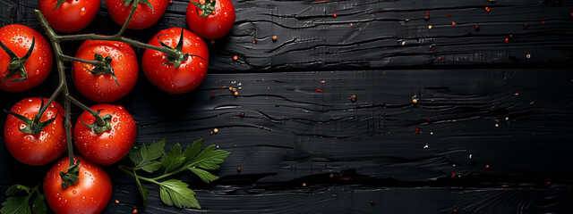 A bunch of red tomatoes are on a wooden table. The tomatoes are fresh and ripe, and they are arranged in a way that makes them look like they are ready to be eaten. Top view. Free space for your text - Powered by Adobe