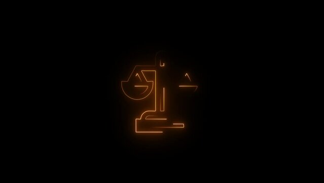 Abstrack glowing neon line justice icon animation on black background