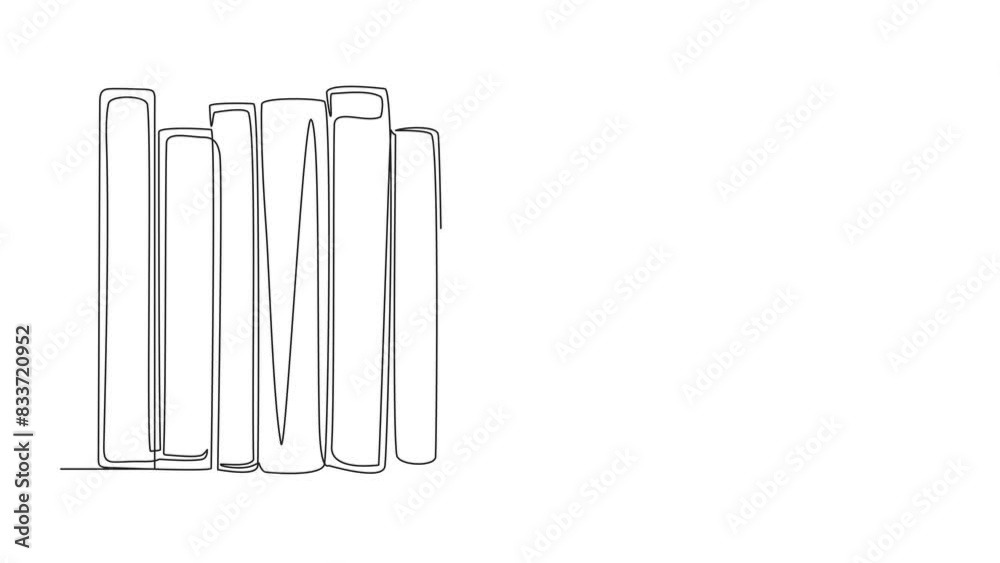 Poster animated self drawing of continuous one line drawing man appears from behind a row of books. invitat