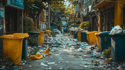 Urban street filled with trash and overflowing garbage bins, highlighting the issue of waste management