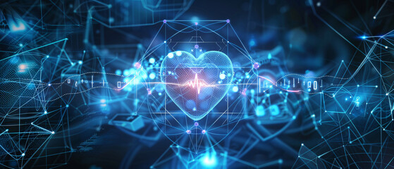 Glowing blue digital heartbeat on a dark blue background