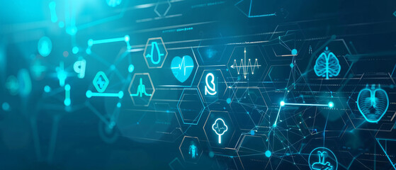 Blue glowing medical background with network of connected icons