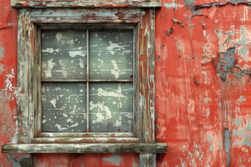A window with a wooden frame is on a red wall