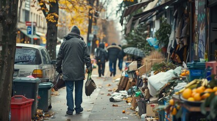 Naklejka premium Urban sidewalk lined with homeless people and their belongings