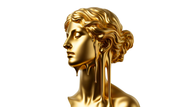 gold statue of a woman melting, isolated on the transparent background.