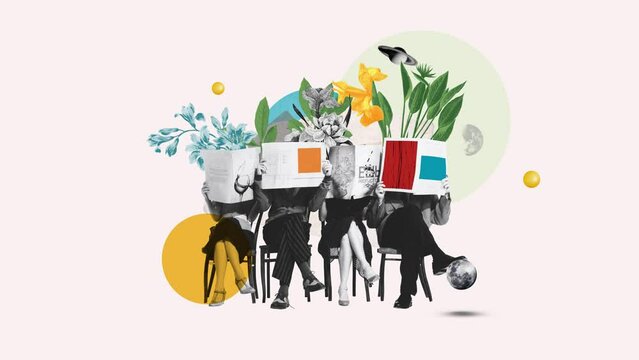 People sitting on chair with head covered with journals and newspapers, reading over floral background. Stop motion, animation. Surrealism, creativity, retro style, imagination, inspiration concept