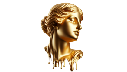 gold statue of a woman melting, isolated on the transparent background.
