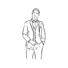 Man wearing a three piece suit for a wedding. Drawn by hand in line drawn style.
