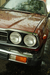 Retro car, old red car, rain, raindrops, headlights