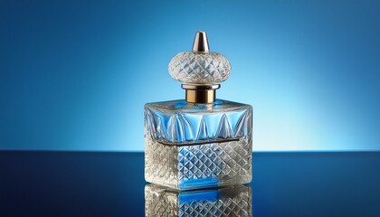 Luxurious Essence: Crystal-Capped Perfume Bottle on Blue