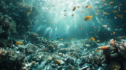 Obraz premium Underwater scene showing marine life swimming among plastic waste and debris, focusing on ocean pollution