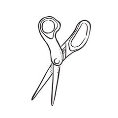 A line drawn pair of scissors drawn by hand in black and white. Safety scissors you may find in a school.