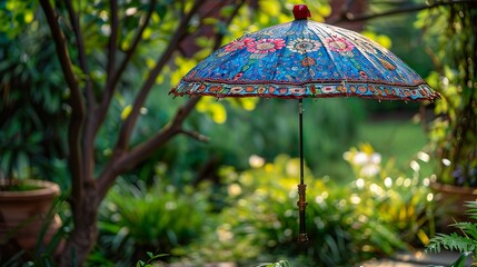 Blue Decorative Umbrella in a Garden