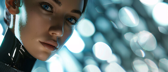 Portrait of a young woman with blue eyes and dark hair