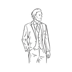 Man wearing a three piece suit for a wedding. Drawn by hand in line drawn style.