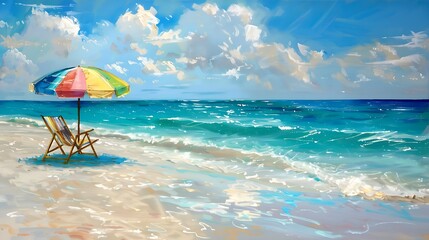 beautiful beach with waves, beach chair, and umbrella