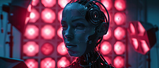 Portrait of a female cyborg with red glowing eyes