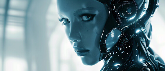Fototapeta premium Portrait of a beautiful female cyborg with glowing eyes