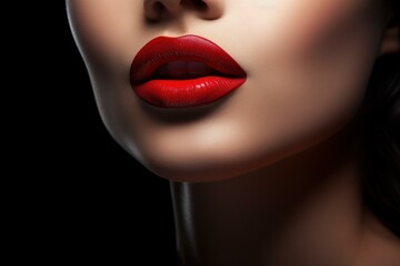 Close-up of a woman's sensual red lips with flawless skin and vibrant lipstick, showcasing beauty, glamour, and femininity