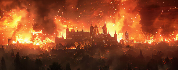 Obraz premium Medieval castle under siege, with flaming arrows lighting up the night sky, practical effects versus CGI, silhouette lighting, motion blur