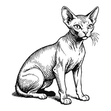 recommend clip art: Hairless Sphynx Cat Kitten Hand Drawn Engraved Ink Line Art Sketch Illustration
