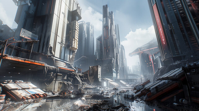 A futuristic city with towering buildings amidst debris and destruction