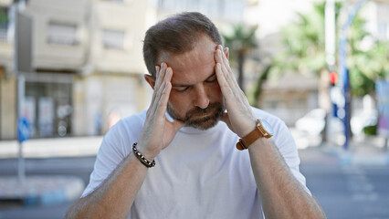 Middle-aged hispanic man with grey hair feeling stressed on an urban city street.