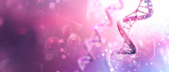 Pink glowing double helix DNA strand on purple background