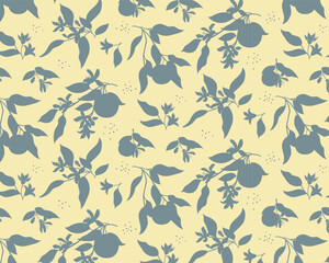 Repeat blue and beige pattern of orange fruit and flowers silhouettes