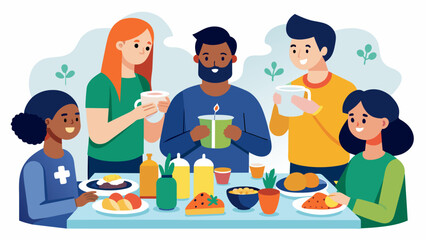 Volunteers taking a break to enjoy a potluck lunch provided by the church as a thankyou for their hard work.. Vector illustration