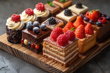 mini bento cake display, assorted mini bento cakes displayed on a wooden platter, perfect for serving on a dessert table with various shapes and sizes