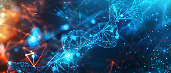 Blue glowing DNA double helix on a dark blue background