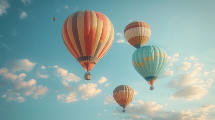 Fototapeta premium Nostalgic Journey: Vintage Hot Air Balloon Festival with Colorful Intricate Patterns Against Clear Blue Sky - Photorealistic Illustration