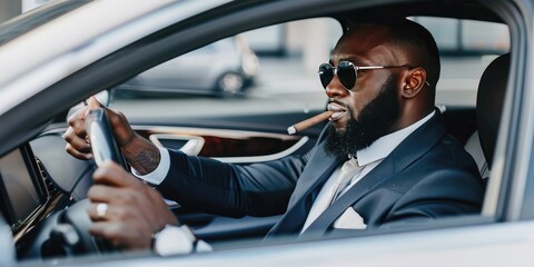 a image of a man in a suit smoking a cigarette while driving