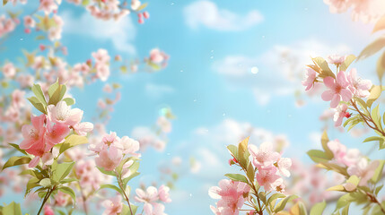 A beautiful blue sky with a few clouds and a bunch of pink flowers. The flowers are in full bloom and are scattered throughout the sky