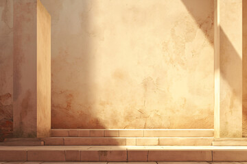Soft sunlight illuminating stone steps and walls, creating a serene and historical architectural scene