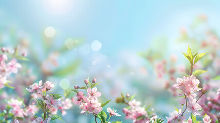 A field of pink flowers with a blue sky in the background. The flowers are in full bloom and the sky is clear and bright. The scene is peaceful and serene, with the flowers