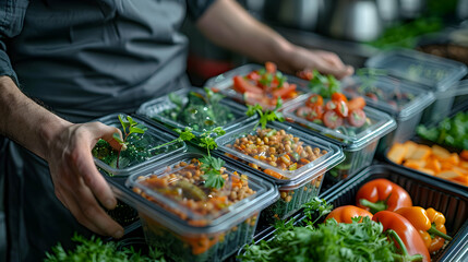 Photo realistic Health Guru showcasing a plant based meal prep box concept for convenient and nutritious eating. Ideal for health and food advertisements. Authentic lifestyle image