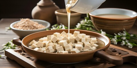 Making tofu involves soaking soybeans and forming them into blocks of tofu. Concept Soybeans, Tofu Blocks, Tofu Making Process, Plant-Based Protein, Homemade Tofu